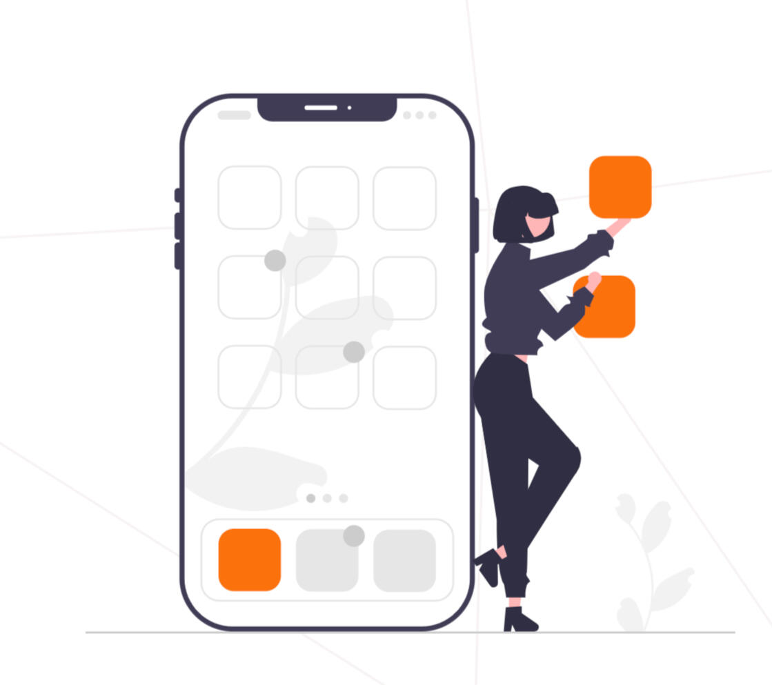 Cartoon image of a woman viewing categories of events on a mobile phone